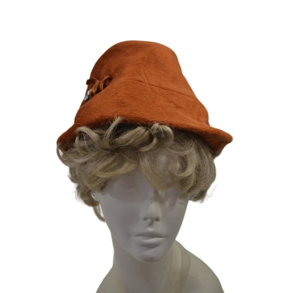 1970s Burnt Orange Mohair Velour Peach Basket Hat, Size 7